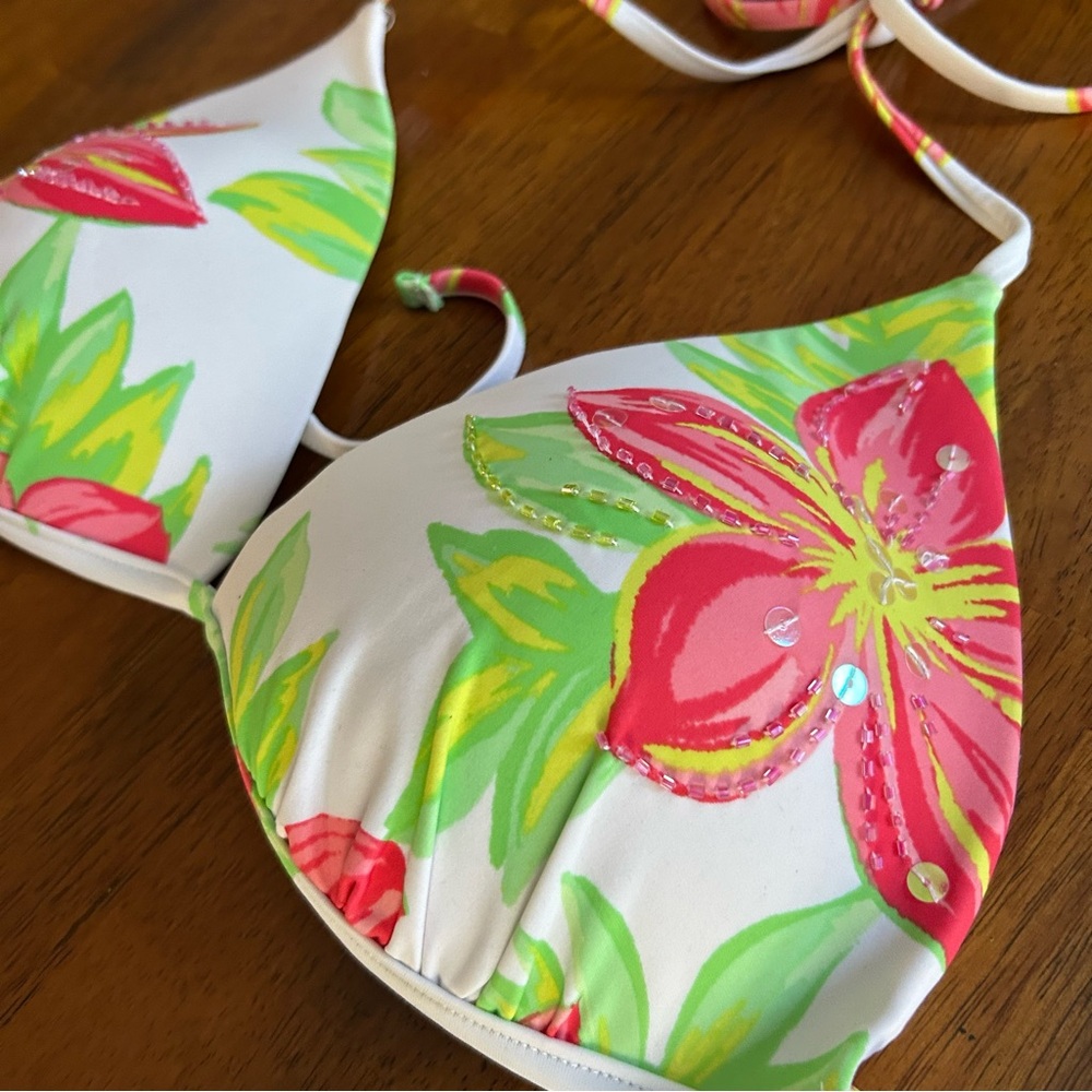 Tropical Floral Bikini Top Women XL Beaded Hibiscus Triangle Swim Pink Green - Picture 2 of 9